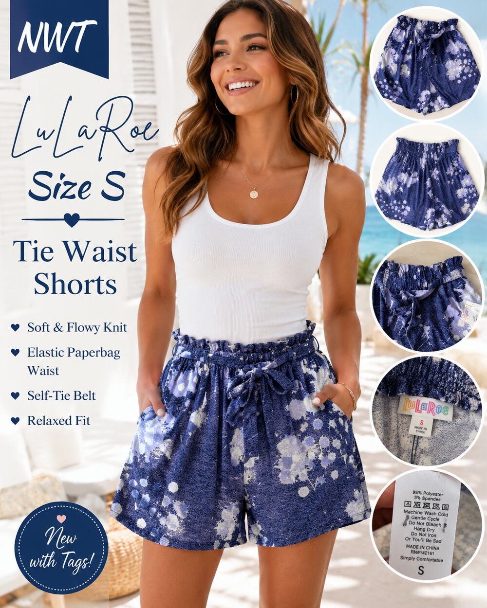 LuLaRoe NWT Small Blue White Floral Paperbag Tie Waist Shorts